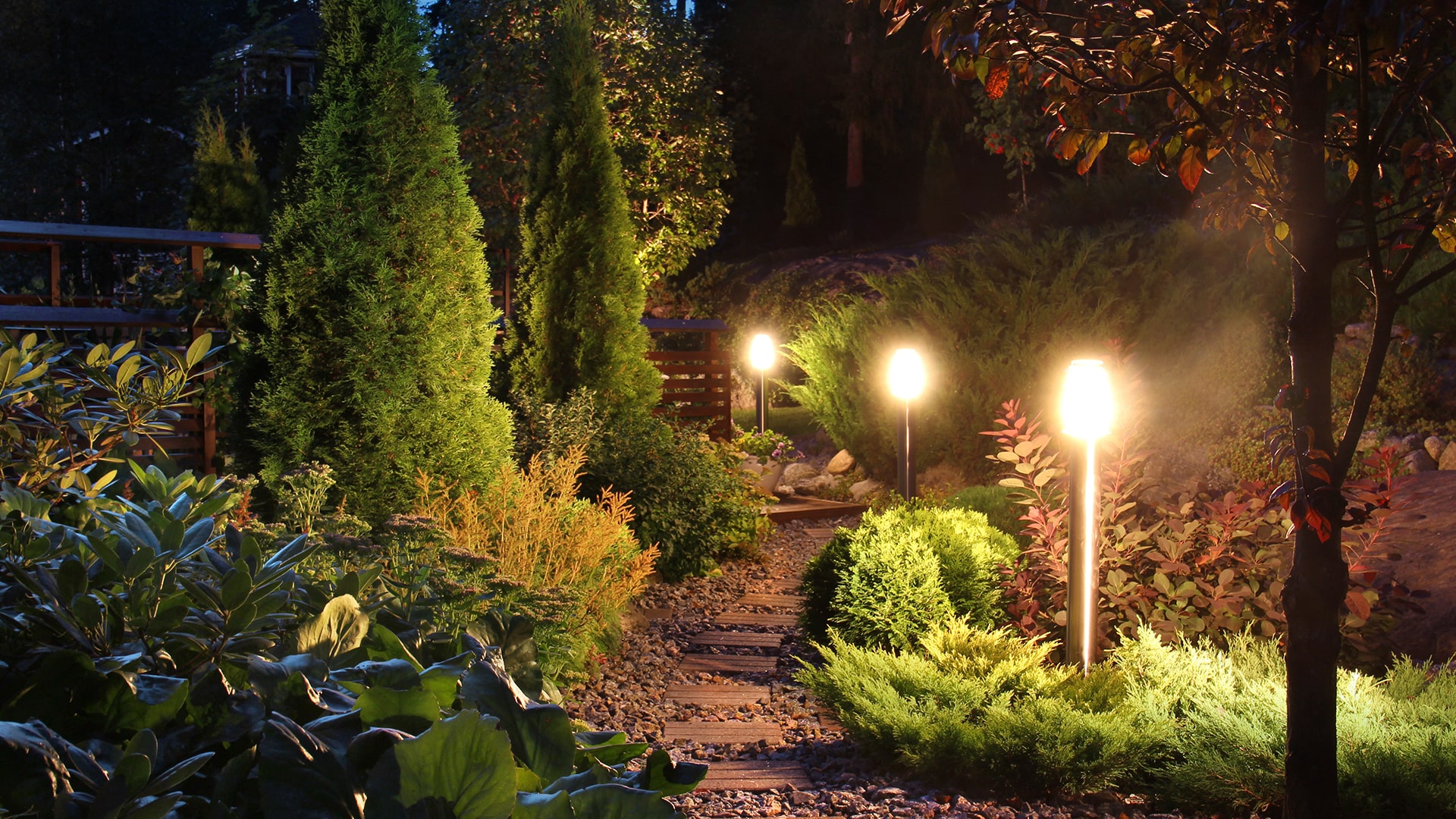Outdoor landscaping lighting on pathway